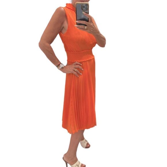 Nanette Lepore Smocked High Neck Pleated Dress in Vivid Coral.Size 12 - Picture 5 of 15